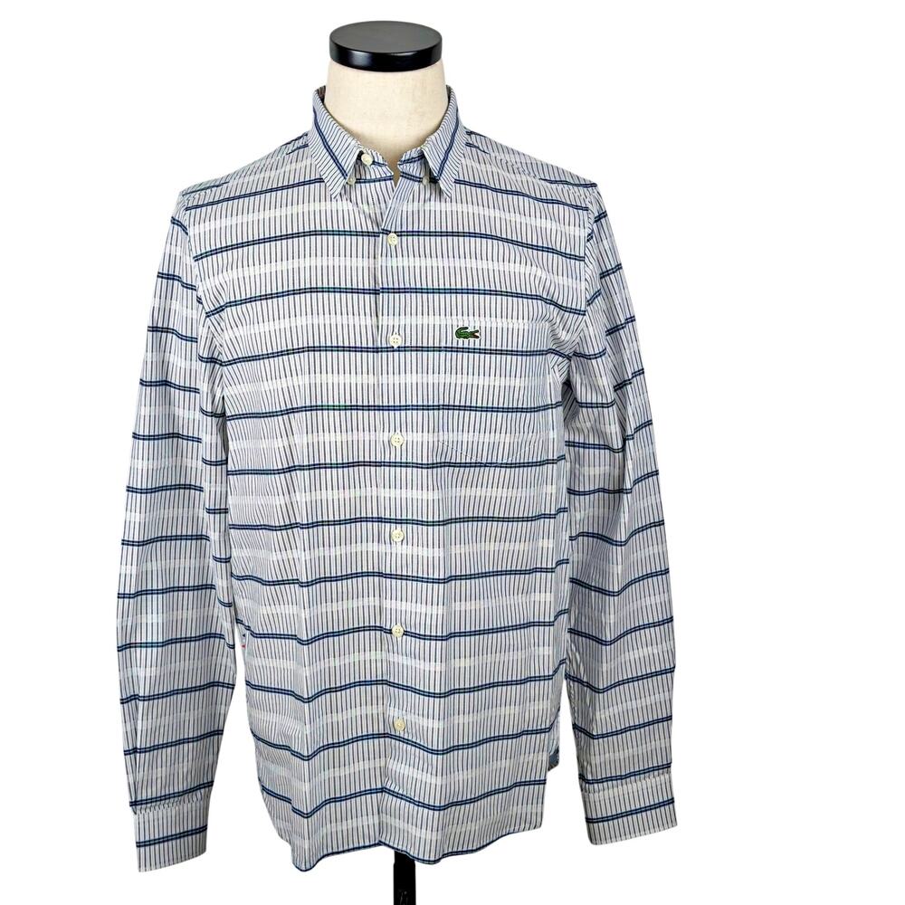 Lacoste LIVE L/S Blue Striped Button Down Shirt Sz 41 M/L CH5327 Slim Fit